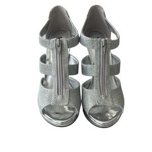 Fioni silver glitter zip strappy open toe platform heels